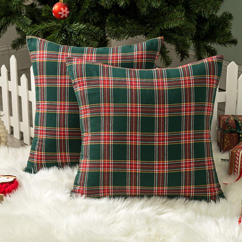 AQOTHES Pack of 2 Christmas Plaid Decorative Throw Pillow Covers Scottish Tartan Cushion Case for Farmhouse Home Holiday Decor Red and Green  18 x 18 Inches - Image 1